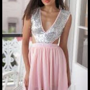 Silver sequin deep V pink dress with cut out detail